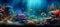 underwater in ocean scuba diving ,sea plant and fish,under sea water ,green blue wave sunlight reflection in ocean