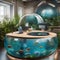 An underwater office with desks inside large, transparent water bubbles, surrounded by colorful fish and aquatic plants2