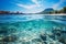 Underwater and overwater view of vibrant sea life on a sunny summer day with sandy beach