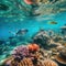 underwater paradise background coral reef wildlife nature collage with shark manta ray sea turtle colorful fish