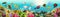 Underwater paradise background coral reef wildlife nature collage with shark manta ray sea turtle colorful fish background