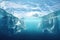 underwater perspective of a massive iceberg, with its majestic size and striking white-blue colors, An underwater view of a