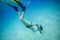 Underwater photo of a woman snorkeling in clear tropical sea