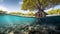 Underwater photograph of a tropical Mangrove trees roots, above and below the water in the Caribbean sea. an uncommon underwater