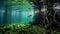 Underwater photograph of a tropical Mangrove trees roots, above and below the water in the Caribbean sea. an uncommon underwater