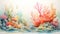 underwater plants algae and colored coral watercolor background