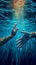 Underwater rendezvous Hands stretching towards each other in deep blue water