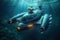 Underwater scene with big sci-fi fantastic submarine.