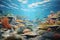 Underwater scene with coral reef and fish. 3D illustration, Discover an information hub with a bustling notice board, exchanging