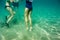 Underwater scene in Ionian sea, Zakynthos, Greece, with girls in the water