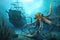 underwater scene, with octopus kraken monster lurking near sunken ship