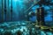 Underwater scene of an oil and gas subsea production system, complete with wells, manifolds, and pipelines