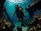 Underwater scuba divers at the bottom of a sunken ship. generative ai