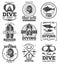 Underwater scuba diving club vector vintage emblems and labels