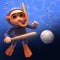Underwater scuba snorkel diver with baseball bat and ball, 3d illustration