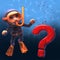 Underwater scuba snorkel diver watching a question mark sink in the ocean, 3d illustration