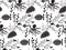 Underwater sealife animal monochrome seamless pattern.