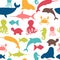 Underwater seamless pattern with fishes, octopus, crab, walrus