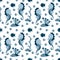 Underwater seamless pattern. Seahorse, plants and fish. Vector illustration on white background