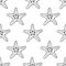 Underwater seamless pattern with starfish line art illustration in black color. Hand drawn sea star sketch, seashell drawing.