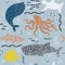 Underwater seamless pattern with whale, squid, fish, turtle and shark on blue background. Hand drawn repeat pattern for wrapping.
