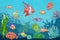 Underwater seascape. Cartoon aquatic sea wild life on bottom vector background. Fish clown coral seaweed kid set