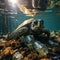 Underwater shot of a sea turtle among plastic trash,