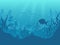 Underwater silhouette background. Undersea coral reef, ocean fish and marine algae cartoon scene. Vector aqua life and