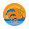 Underwater sportsman with snorkel mask and flippers. Scuba diver man in round diving suit icon. Summer diving concept with diver i