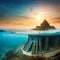 a underwater temple in the middle of the ocean, with stairs leading to the roof