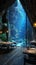 Underwater-themed restaurant with aquarium walls and marine decor3D render.