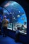 underwater tunnel with aquariums in the aquarium for visitors with sea fish