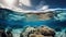 An underwater view of a coral reef with a cloud in sky and a blue sky in the background, with a small amount of water bubbles in