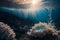 Underwater view of coral reef with sunbeams coming out of water.