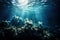 an underwater view of a coral reef with sunlight streaming through the water\\\'s waterline and a fish