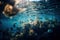 an underwater view of a group of fish swimming in the water with sunlight shining through the water\\\'