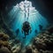 Underwater view of a group of scuba divers in a cave