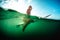 Underwater view of the happy woman sitting on the surfboard