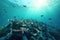 Underwater view of a large amount of trash in the ocean, Underwater view of a pile of garbage in the ocean. 3d rendering, AI