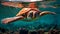 Underwater view of a magnificent sea turtle gracefully swimming, Generative AI