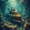 Underwater view of an old rusty submarine on a coral reef