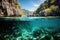 An underwater view of a river with rocks and water.