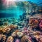 Underwater view of the rocks and coral reef in the Mediterranean Sea. Beautiful seascape with turquoise sea water. Composition of