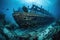 underwater view of shipwreck, surrounded by schools of fish and debris from the wreck