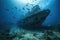 underwater view of shipwreck, surrounded by schools of fish and debris from the wreck