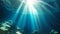 Underwater view of the sun rays breaking through the rocks under the sea, Underwater Sea, Deep Water Abyss With Blue Sun light, AI