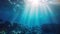 Underwater view of the sunbeams breaking through the water surface, Underwater Ocean Blue Abyss With Sunlight Diving And Scuba