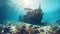 Underwater view of a sunken ship in the Caribbean Sea. Generative AI