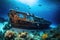 underwater view of sunken ship with coral and fish swimming among the wreckage