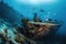 underwater view of sunken ship with coral and fish swimming among the wreckage